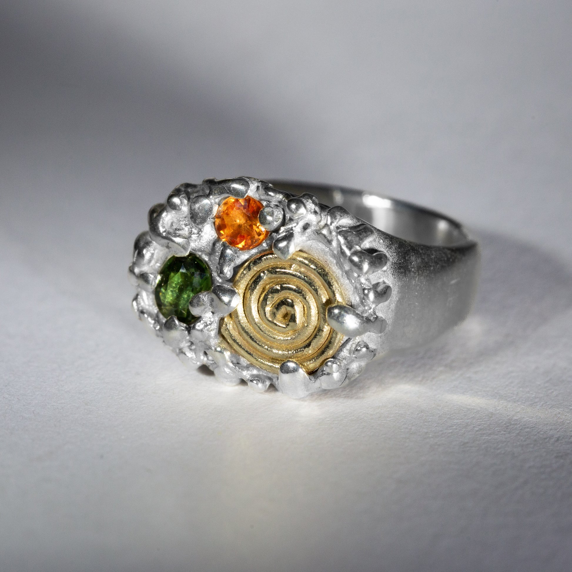 gold spiral finger rings. spiral finger ring.gold and silver alloy jewelry two tone silver and gold jewelry handmade jewellery shop london handmade gold jewellery london rainbow colored stone ring handmade jewellery united kingdom sapphire swirl.