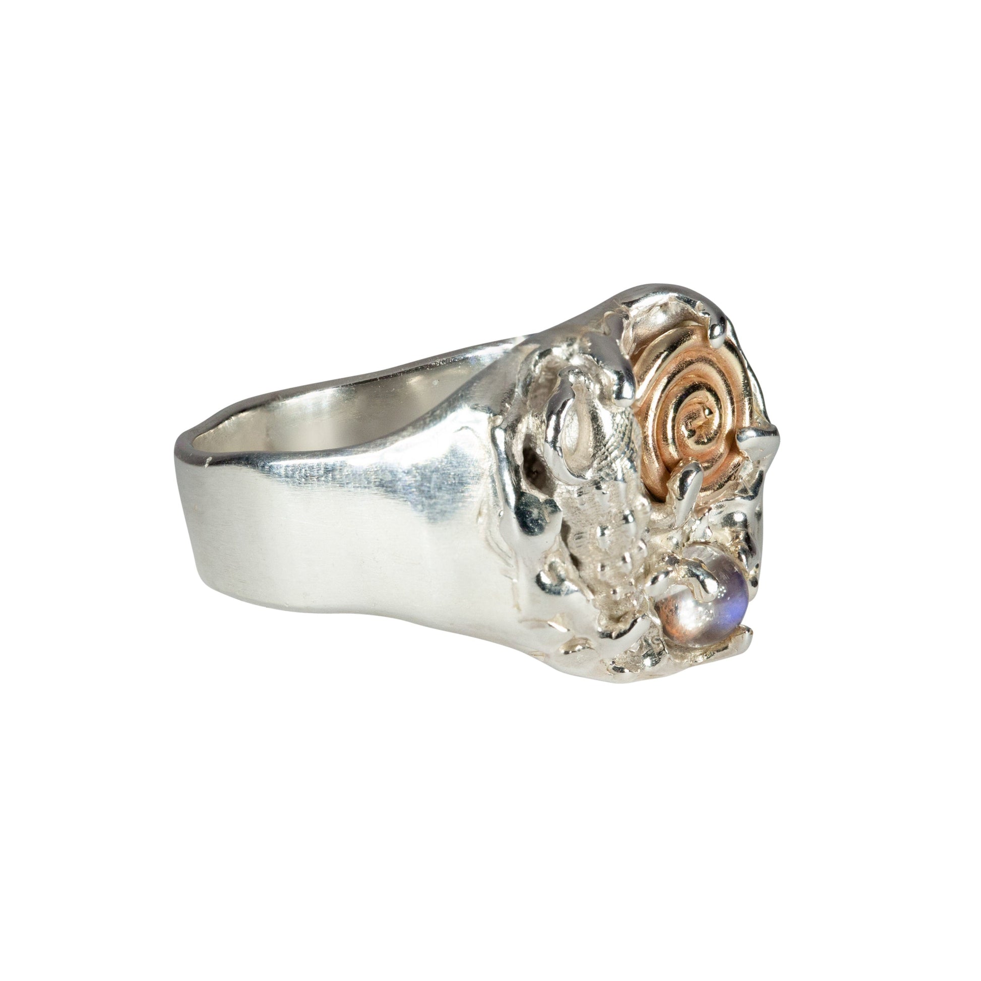 Silver ring with gold spiral 14kt design with a shell and opal on a white background