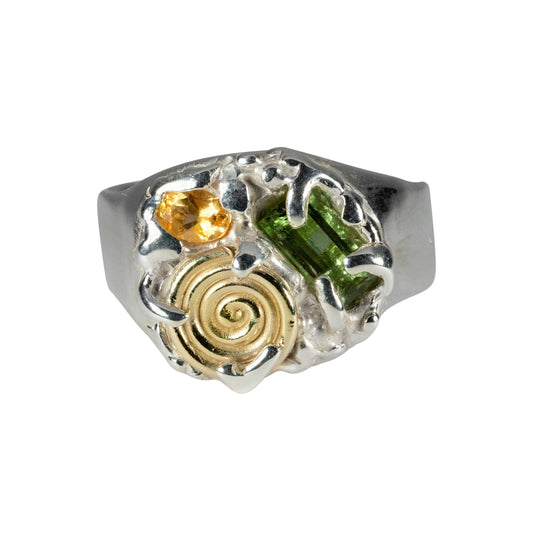 14kt Gold Spiral Ring With Tourmaline & Citrine.