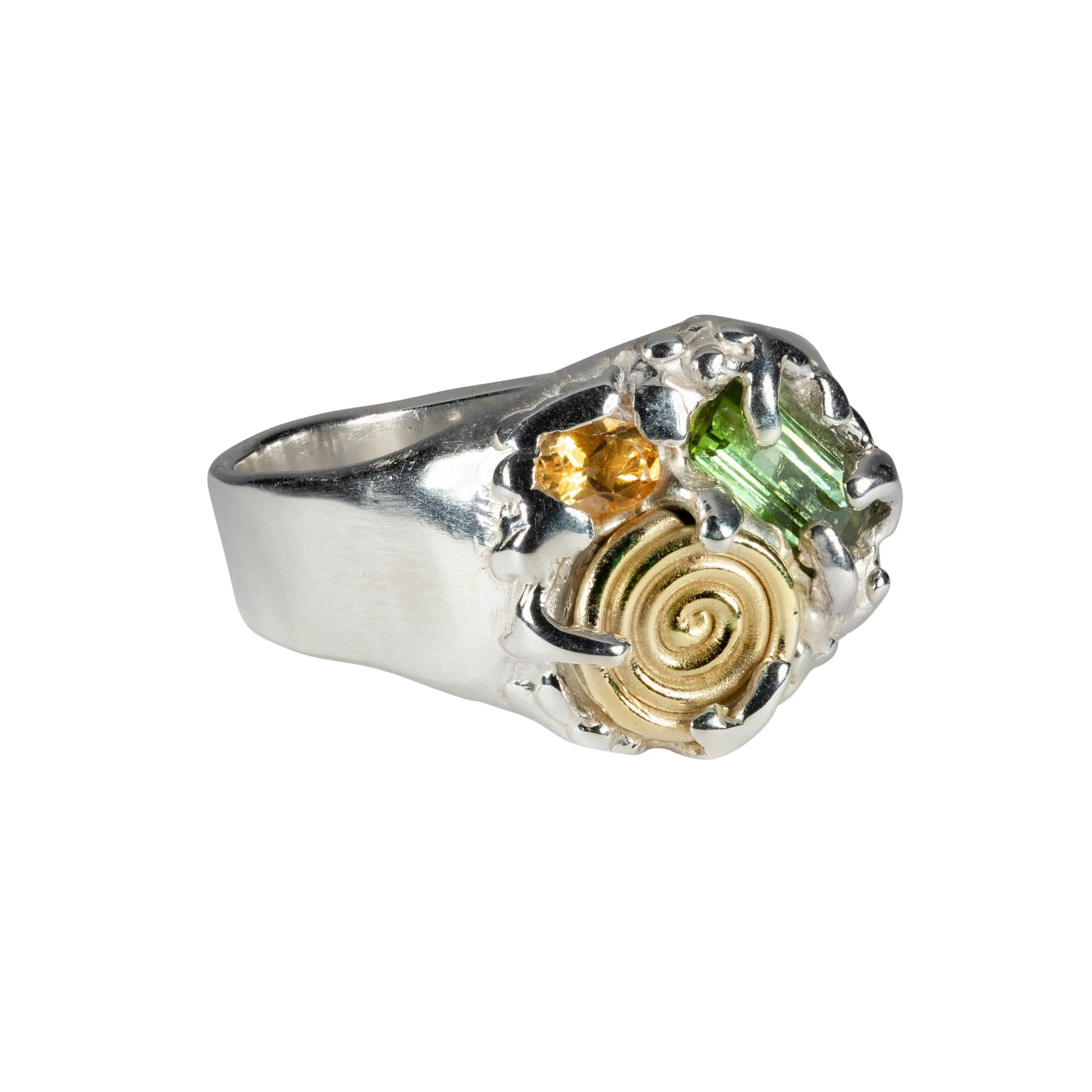 Silver ring with colorful gemstones on a white background
