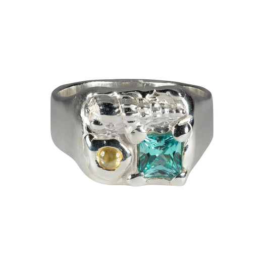 Silver Ring with Shell & Blue/Yellow Stones.