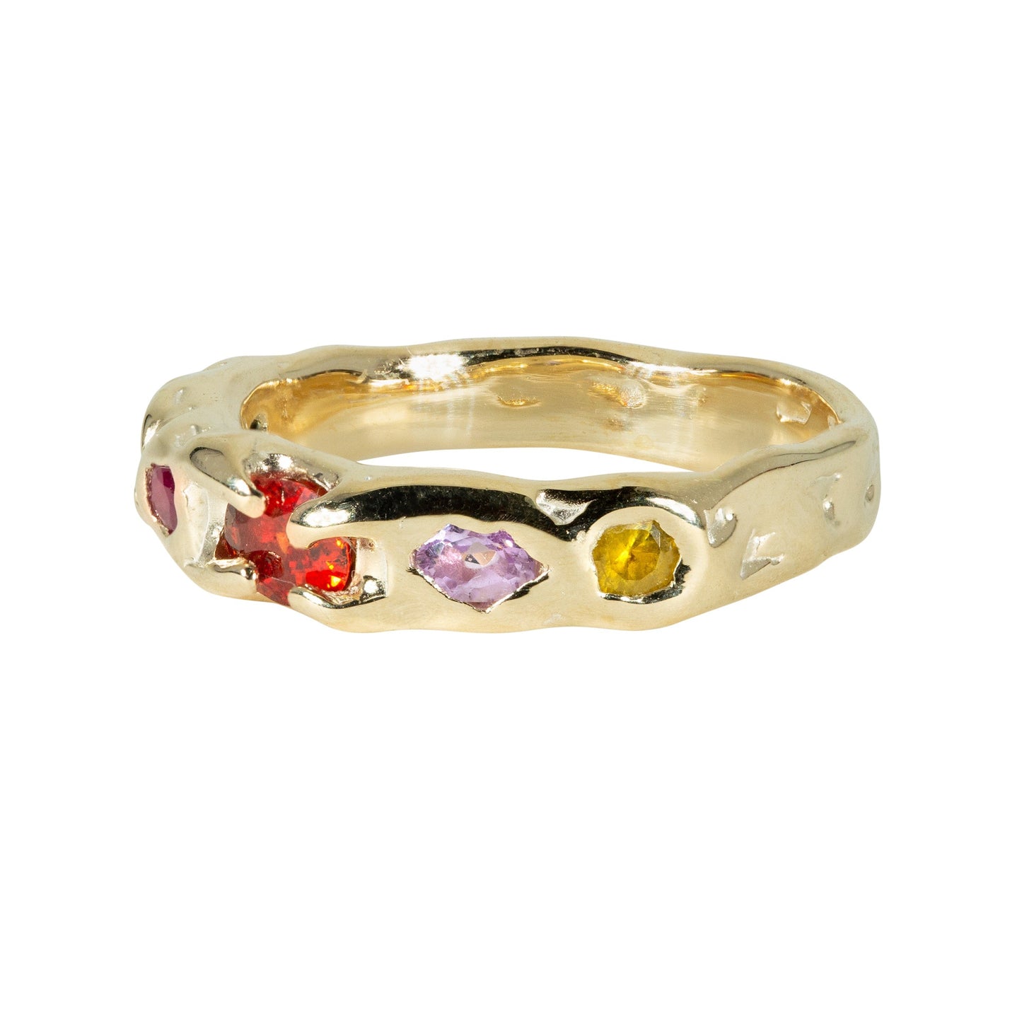 Gold ring with spessartine garnet, amethyst, and yellow sapphire