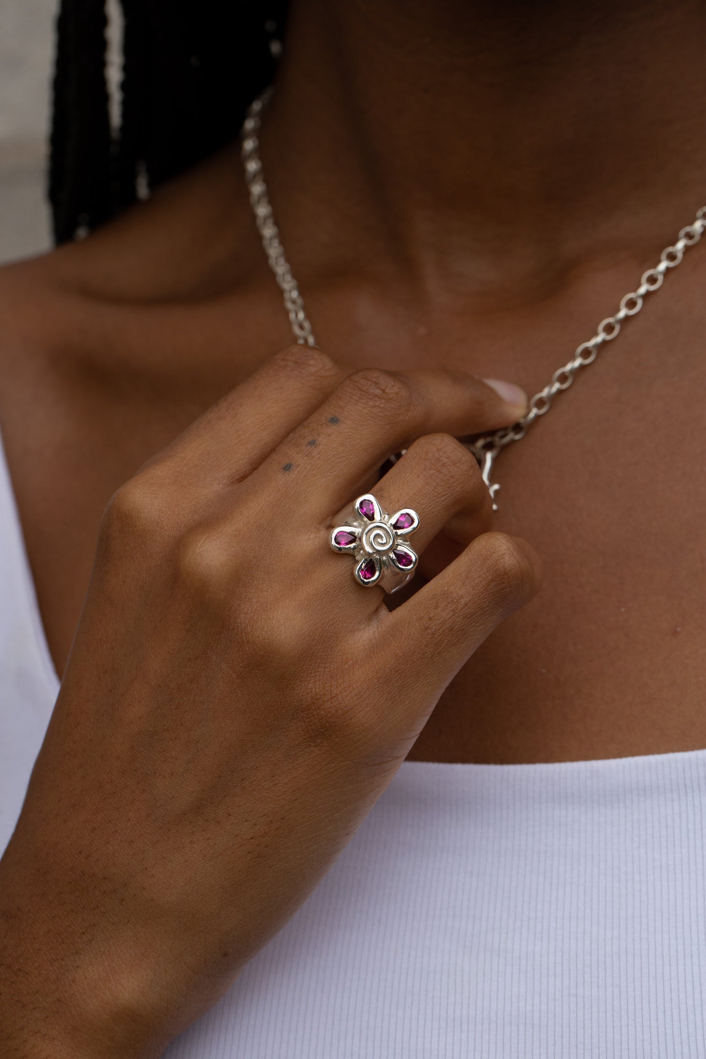 Garnet Spiral Flower Ring