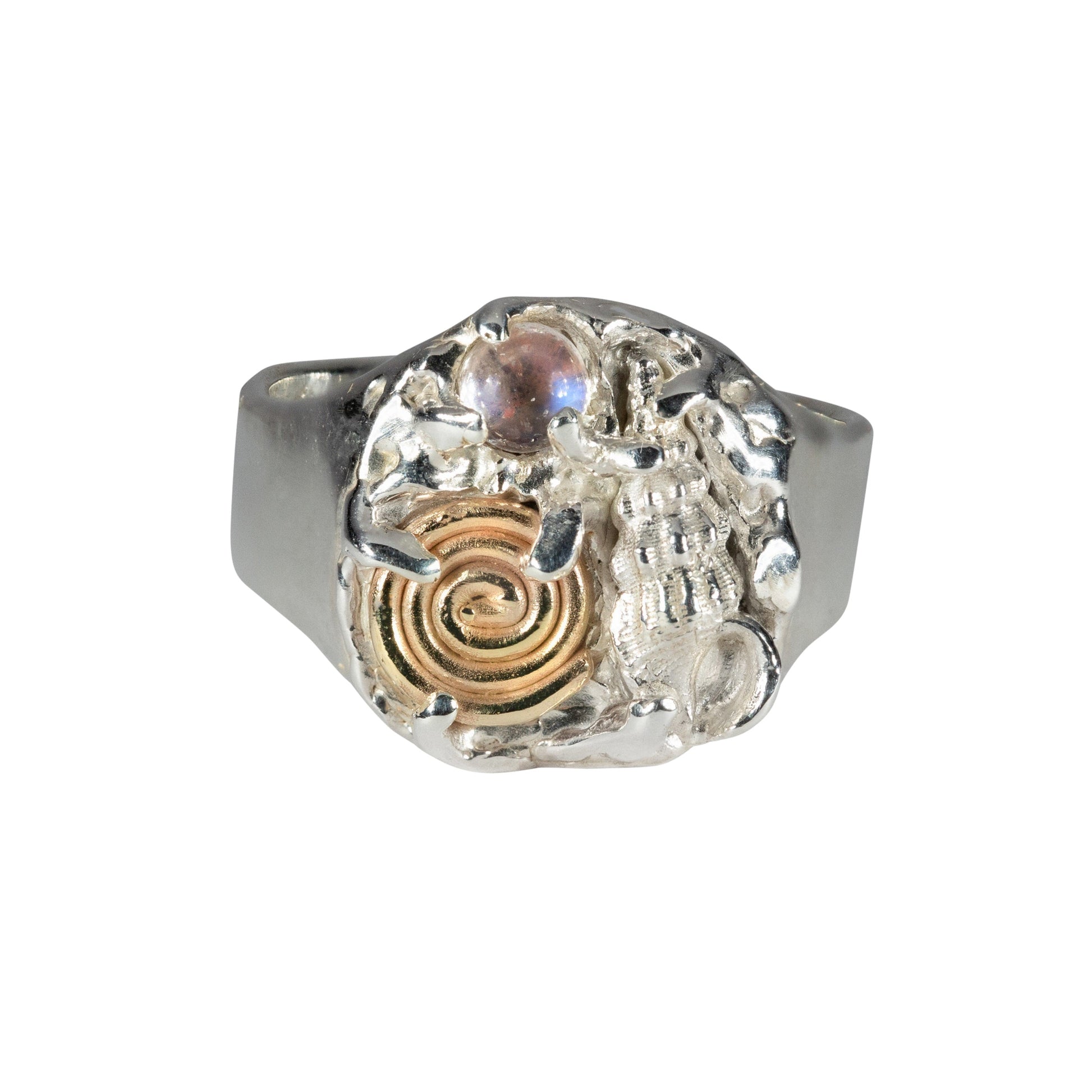 Silver ring with a gold spiral design on a white background