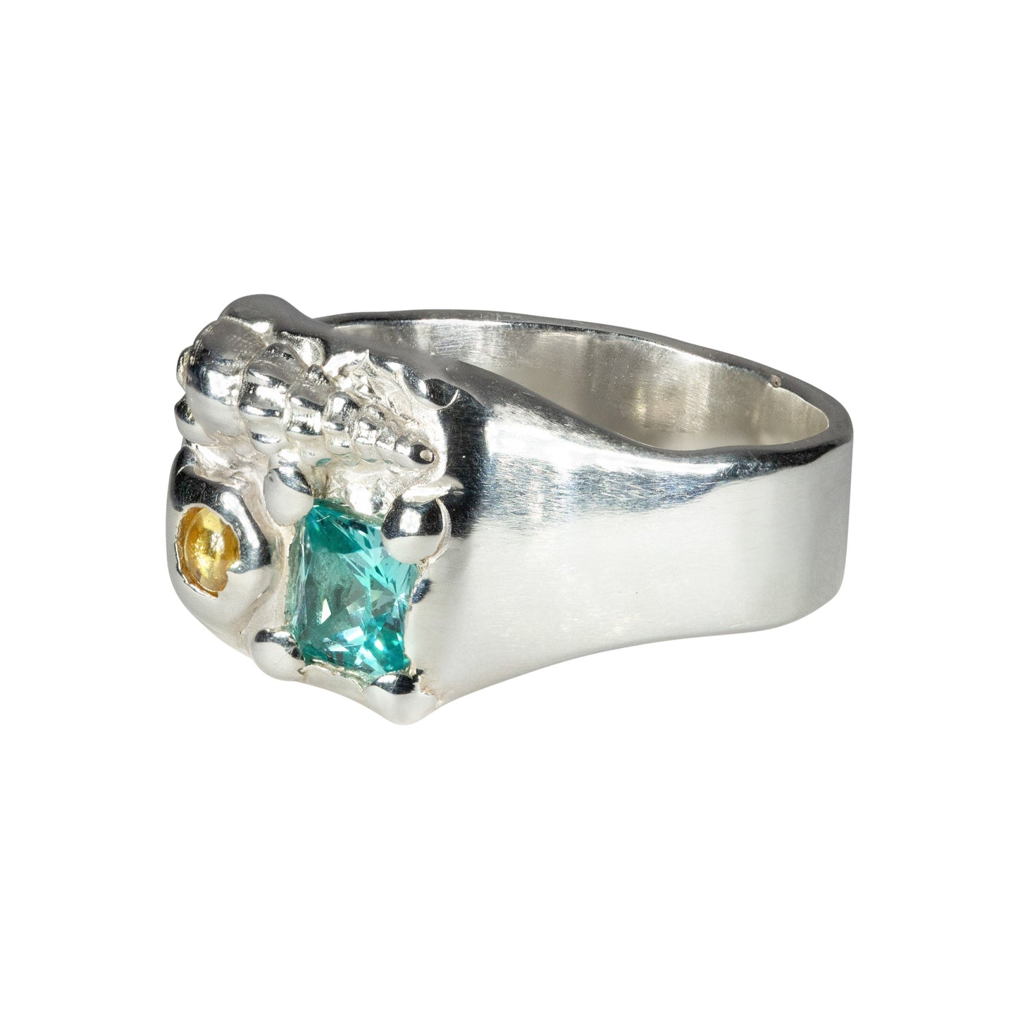 Silver Ring with Shell & Blue/Yellow Stones.