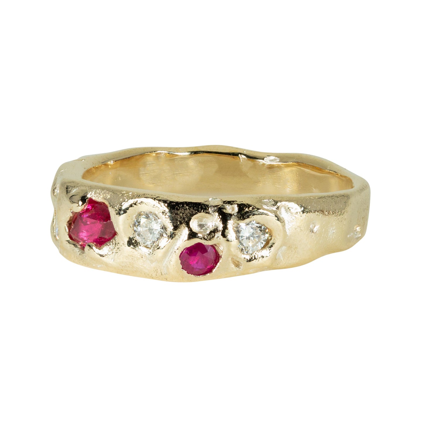 Gold ring with red gemstones and small diamonds on a white background